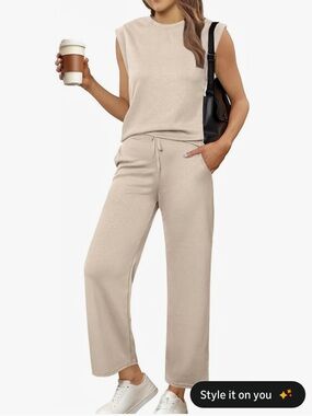 Women's 2-Piece Lounge Set - Cream Wide-Leg Pants